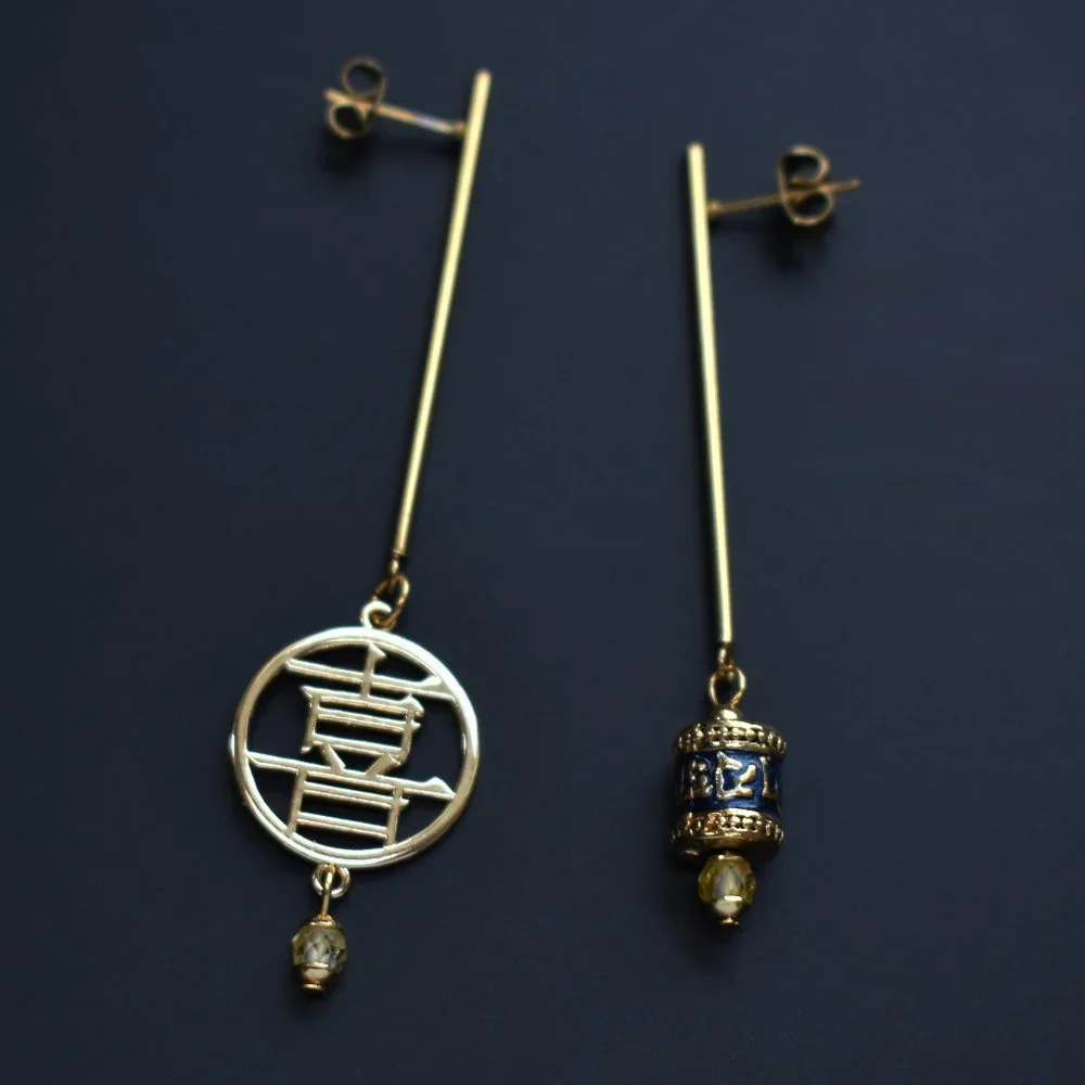 Asymmetrical earrings dangle, long gold citrine drop bar earrings